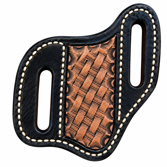 Handmade Black & Tan Leather Belt Knife Sheath – Basketweave Design