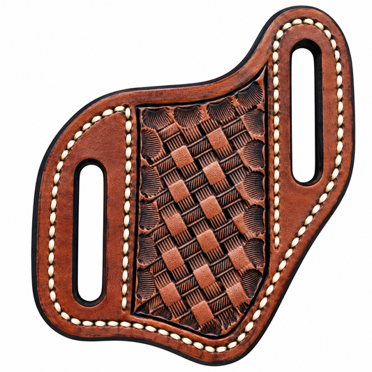A brown leather holster with a woven basketweave pattern on the front, featuring two cutout handles and white contrast stitching on a white background.
