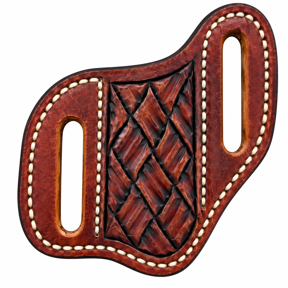A brown leather belt buckle with a textured, embossed diamond pattern in the center and two elongated cutouts, finished with white contrast stitching on a white background.