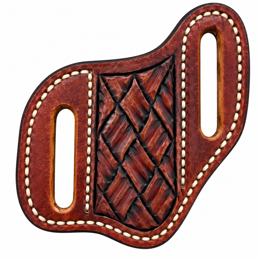 A brown leather belt buckle with a textured, embossed diamond pattern in the center and two elongated cutouts, finished with white contrast stitching on a white background.