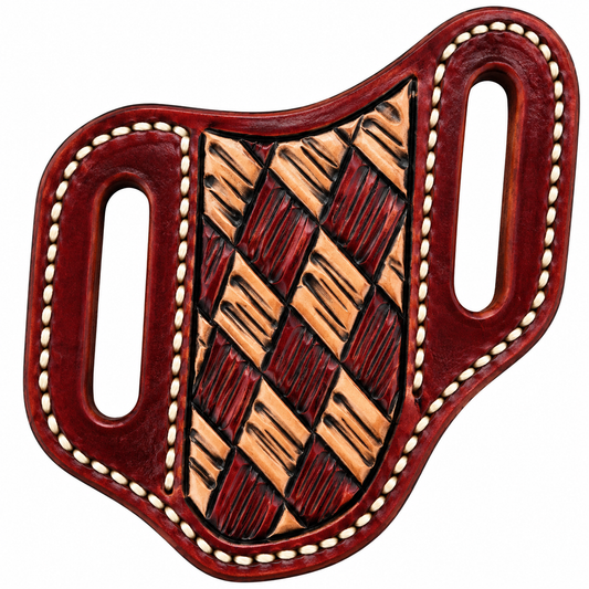A decorative belt buckle featuring a dark red leather border with white stitching, two elongated cutouts, and a central woven pattern in dark red and light tan.