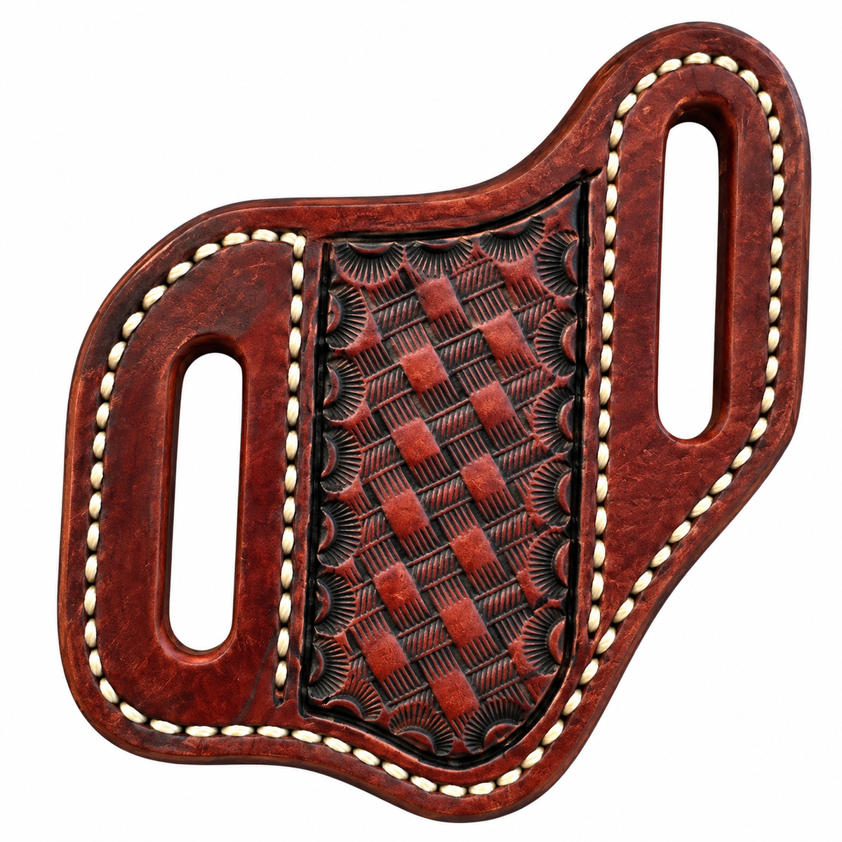 A brown leather holster with a textured central panel featuring embossed basketweave and fan patterns, finished with white contrast stitching.