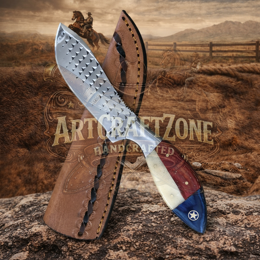 8" Handcrafted Rasp File Steel Field Tool Texas Flag Handle - Leather Sheath