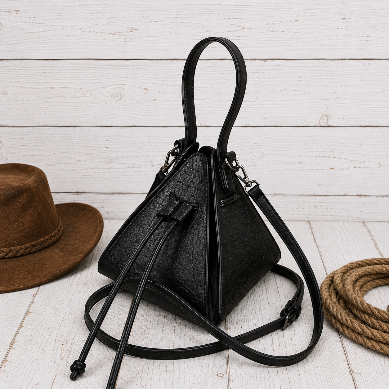 A black textured leather bucket bag with a top handle and shoulder strap, styled 