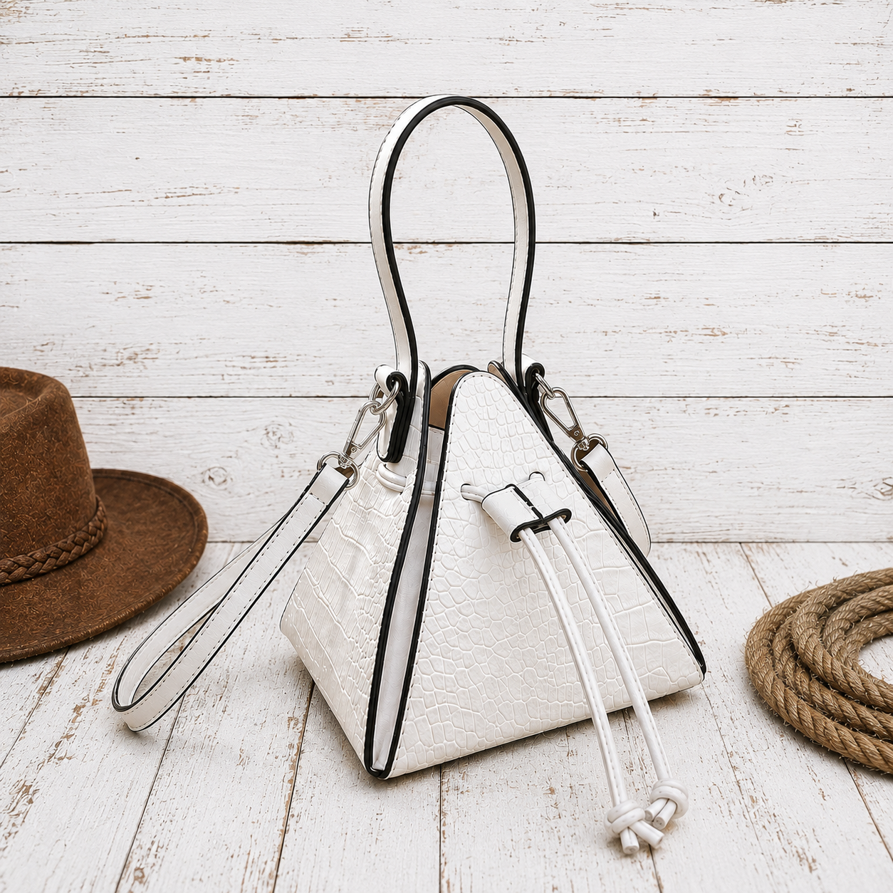 A white textured bucket-style handbag with black trim and a top handle, styled 