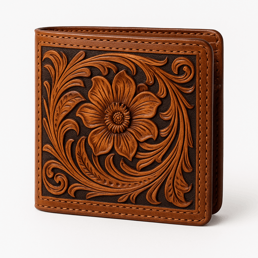A brown leather bifold wallet with an embossed floral design on the front cover, shown on a clean white background.
