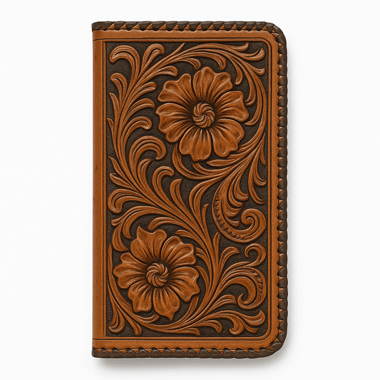 A brown leather wallet or phone case with intricate hand-tooled floral designs and a stitched border, shown on a clean white background.