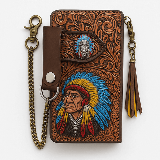 A brown tooled leather wallet featuring a detailed carving of a Native American man with a blue, yellow, and red feathered headdress. The wallet includes a brown leather wristlet strap with an antique bronze chain clasp and a matching tassel.