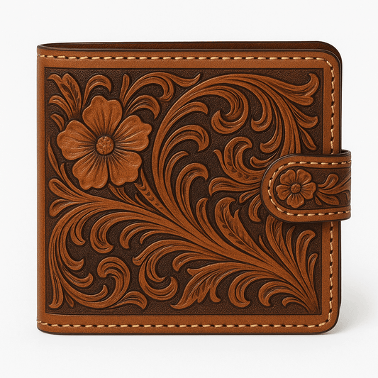 A brown leather bi-fold wallet with intricate hand-tooled floral and scroll patterns, featuring a snap-button closure on the right side.