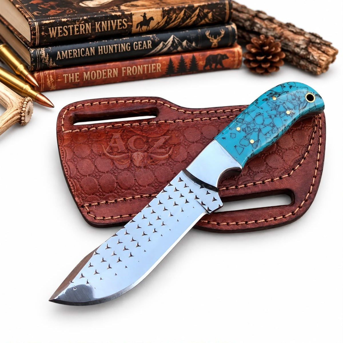 Western Cowboy Rasp Steel Knife with Resin Handle & Leather Sheath