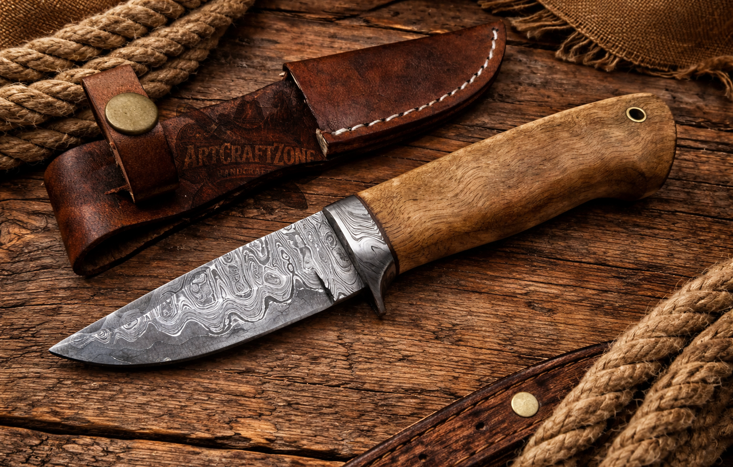 7" Handcrafted Damascus Steel Western Field Tool Ironwood Handle - Leather Sheath