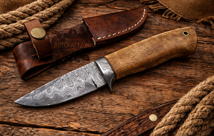7" Handcrafted Damascus Steel Western Field Tool Ironwood Handle - Leather Sheath