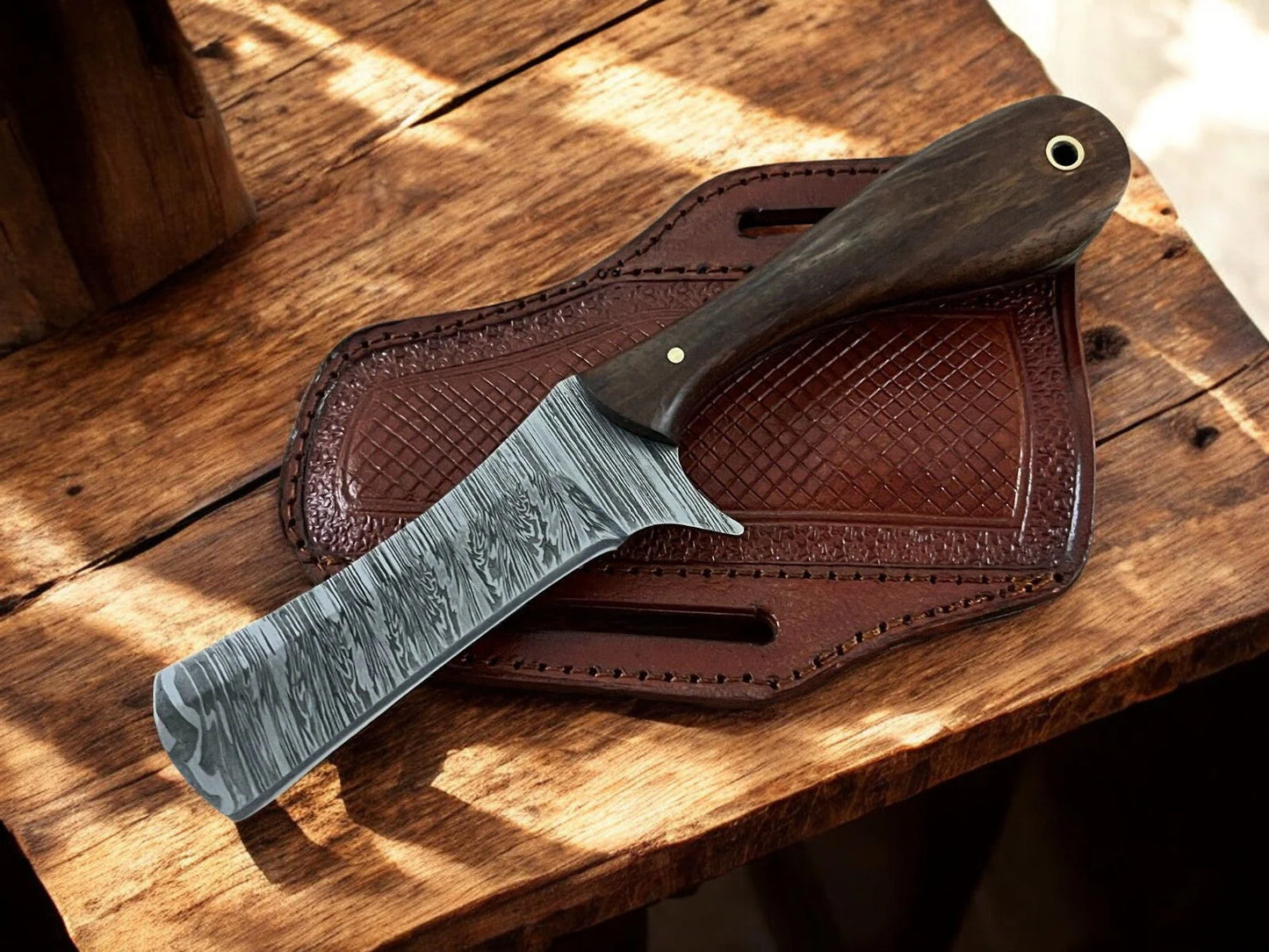 7" Handcrafted Damascus Steel Bull Cutter Wood Handle - Leather Sheath