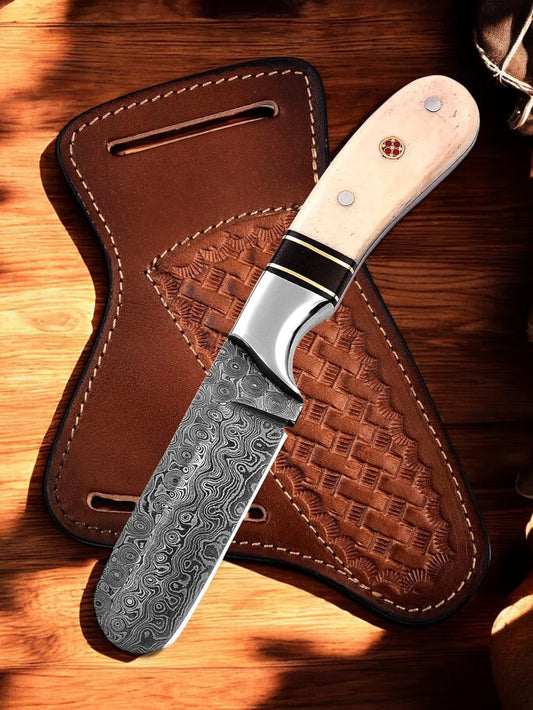 Handcrafted Cowboy Damascus Raindrop Bull Cutter with Bone & Western Leather Sheath