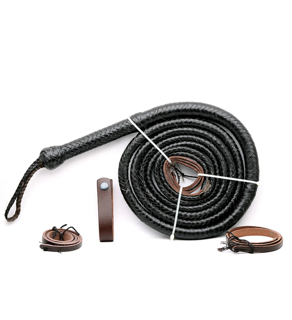 Chocolate leather whip with brown accents on a white background