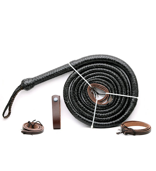 Chocolate leather whip with brown accents on a white background