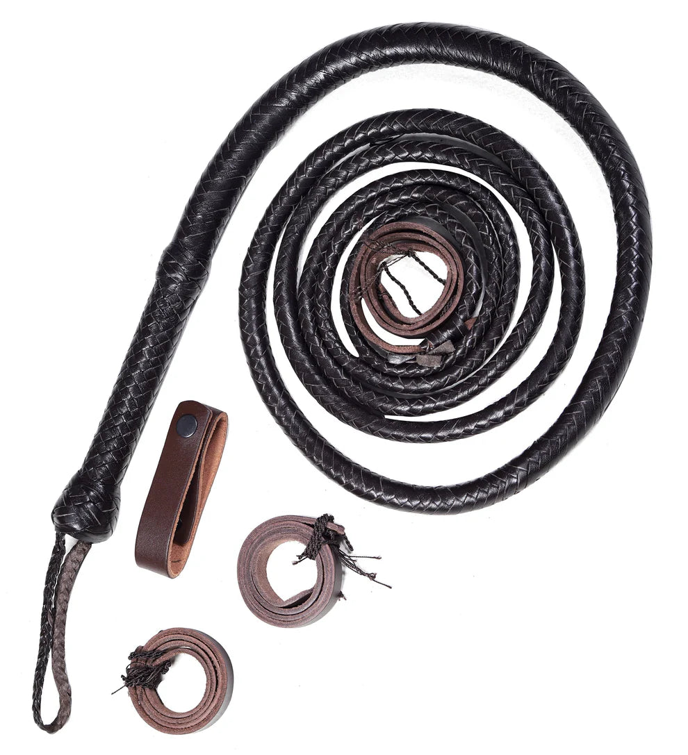 Chocolate  leather whip with additional leather components on a white background
