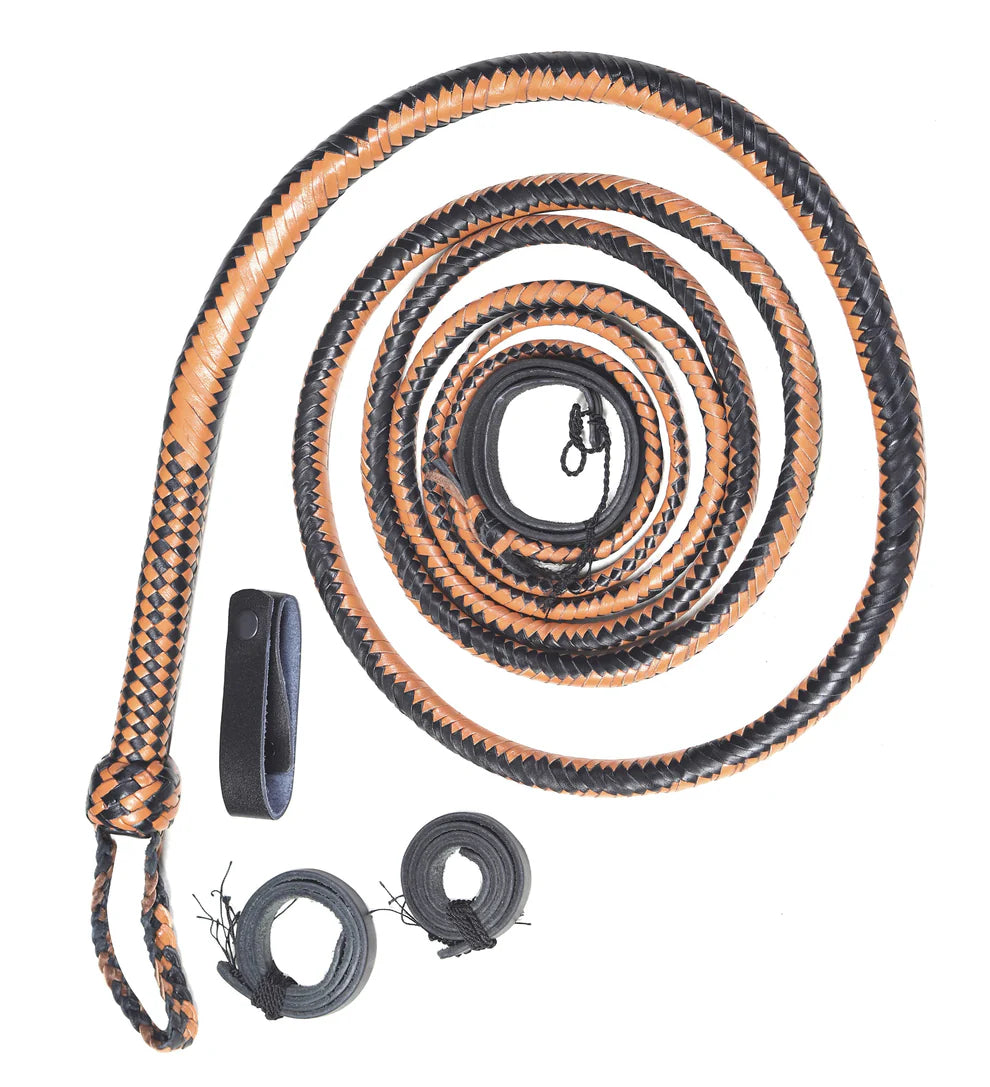 Coiled black and brown rope with attachments on a white background