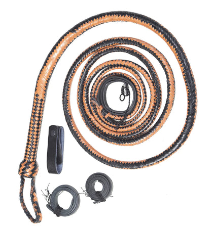 Coiled black and brown rope with attachments on a white background
