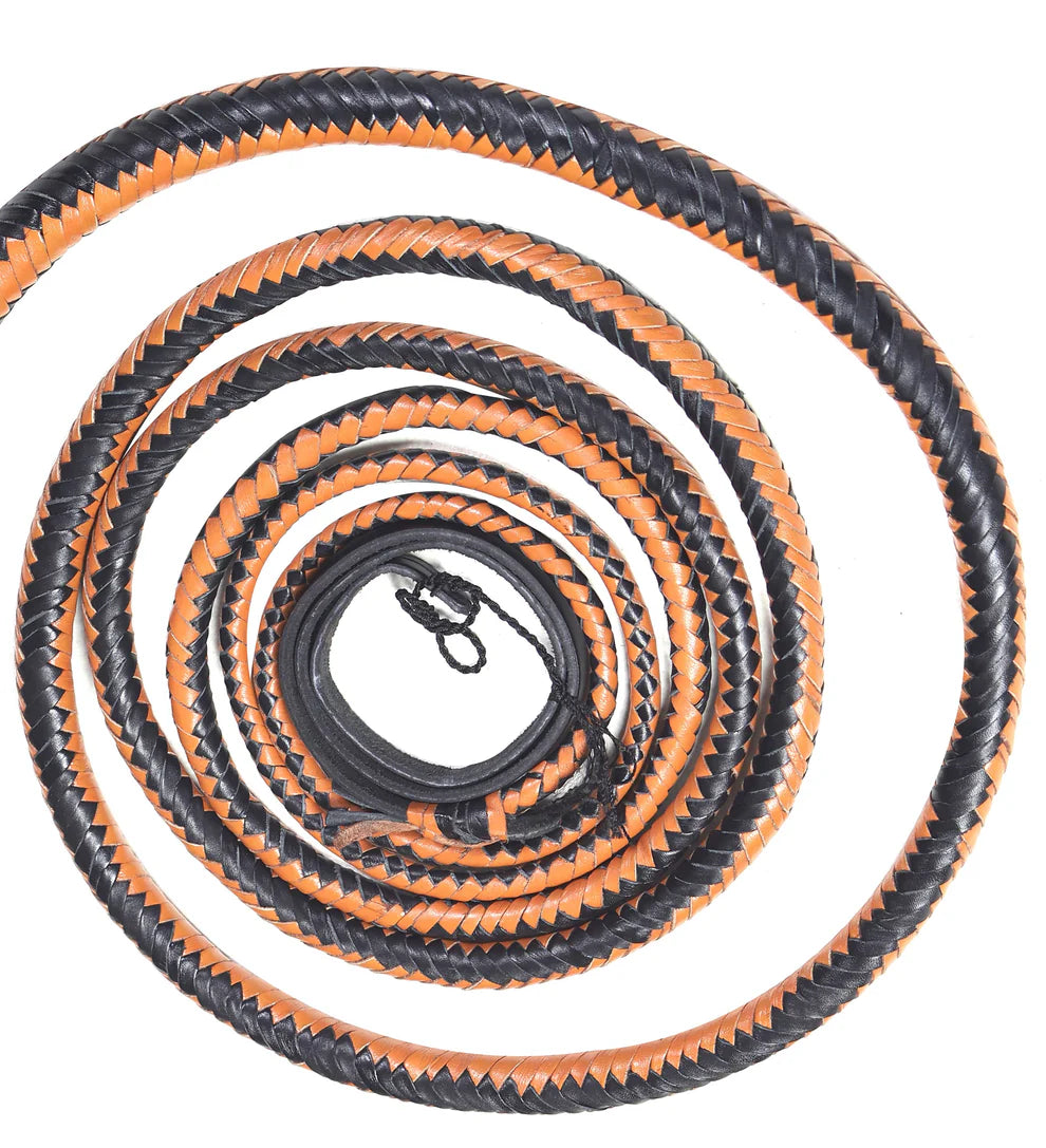 A coiled black and orange braided whip or leather whip with a black metal ring and black cord, shown on a plain white background.