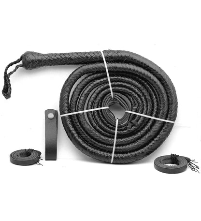 Black braided leather whip with attachments on a white background