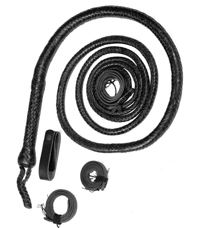 Black leather whip with attachments on a white background