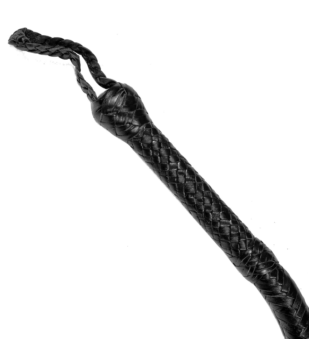 Black braided leather whip on a white background