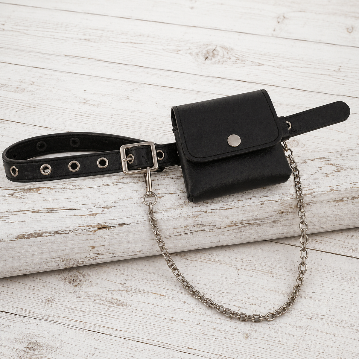 Black faux leather belt bag with a silver-tone metal chain strap and buckle, 