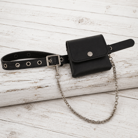 Black faux leather belt bag with a silver-tone metal chain strap and buckle, 